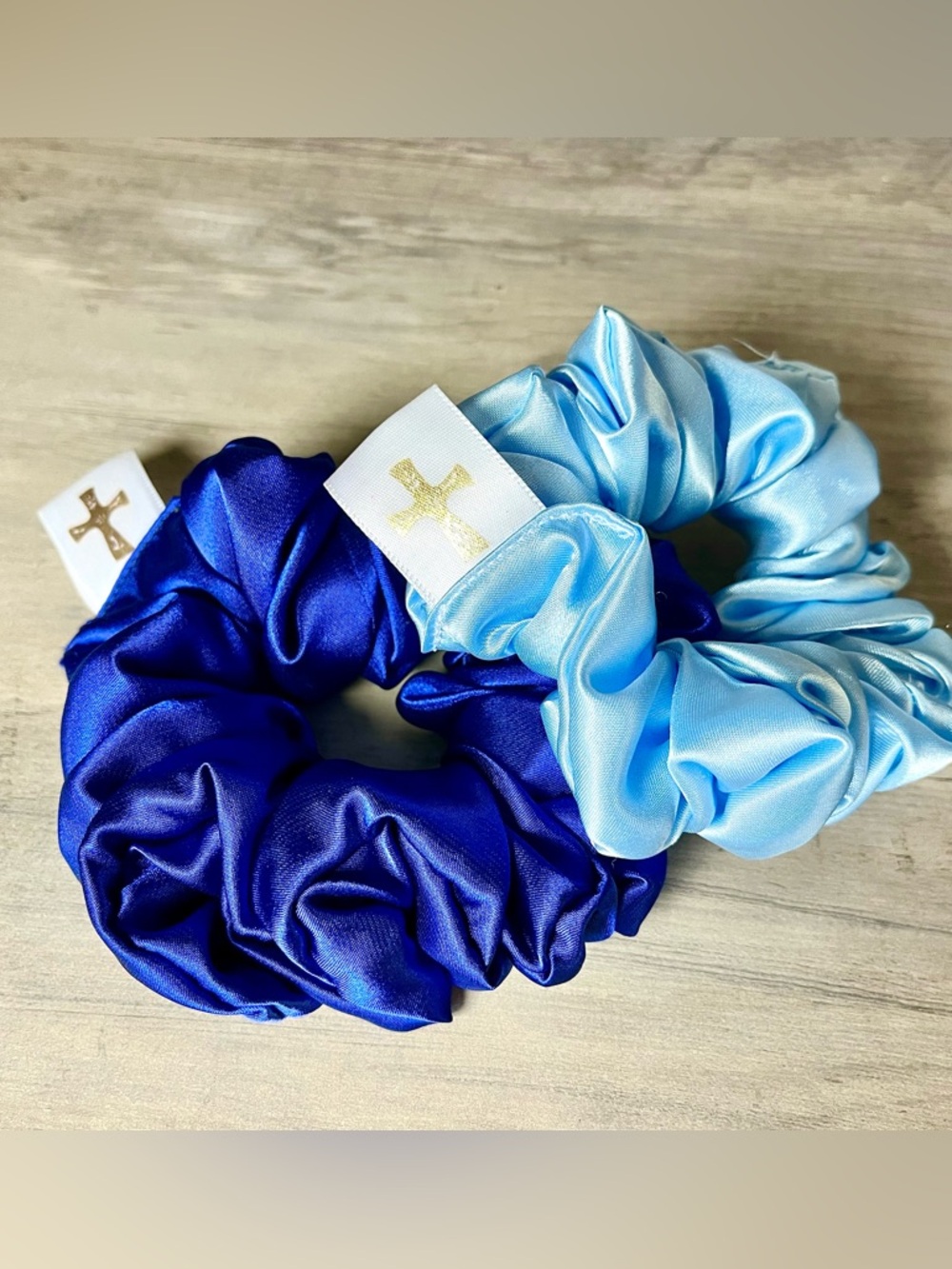 Satin Cross Scrunchies OOAK Handmade Light & Dark Blue Set Of Two